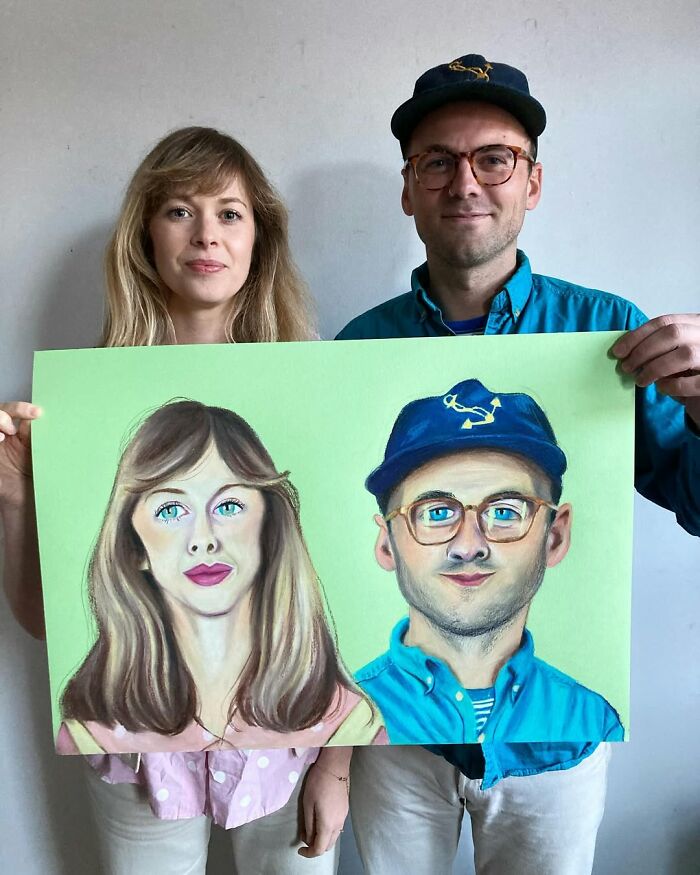 British artist displaying expressive portrait with bright colors and unique style.