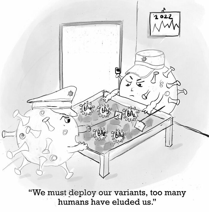 Viruses in uniform strategizing on a table, featuring one-panel comic humor by Beverley Kort.