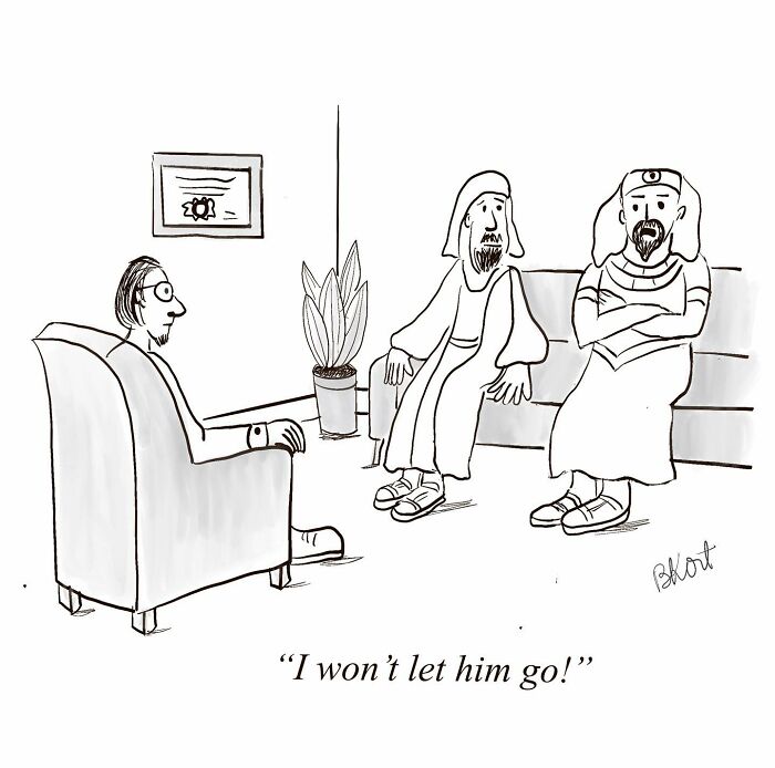 Therapist observes two figures on a couch arguing humorously, embodying Beverley Kort's relatable comic style.