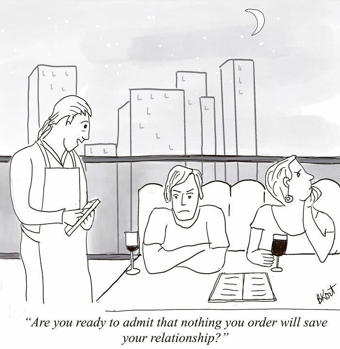 Waiter serving an unhappy couple in a witty one-panel comic by Beverley Kort, with a cityscape backdrop at night.