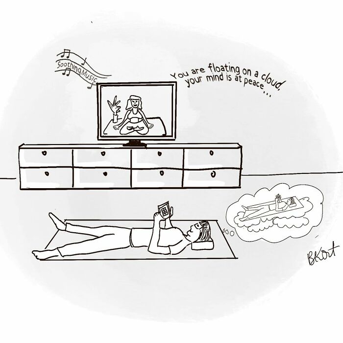 Person on yoga mat with phone, TV showing meditation, dreaming of floating on a cloud. One-panel comic by Beverley Kort.