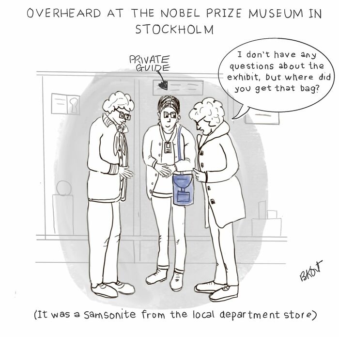Private guide at Nobel Prize Museum, Stockholm, humorously complimenting a visitor's bag.