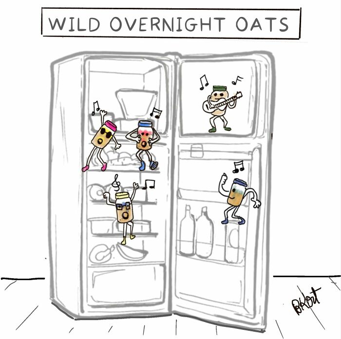 Witty comic of lively overnight oats dancing in a fridge.