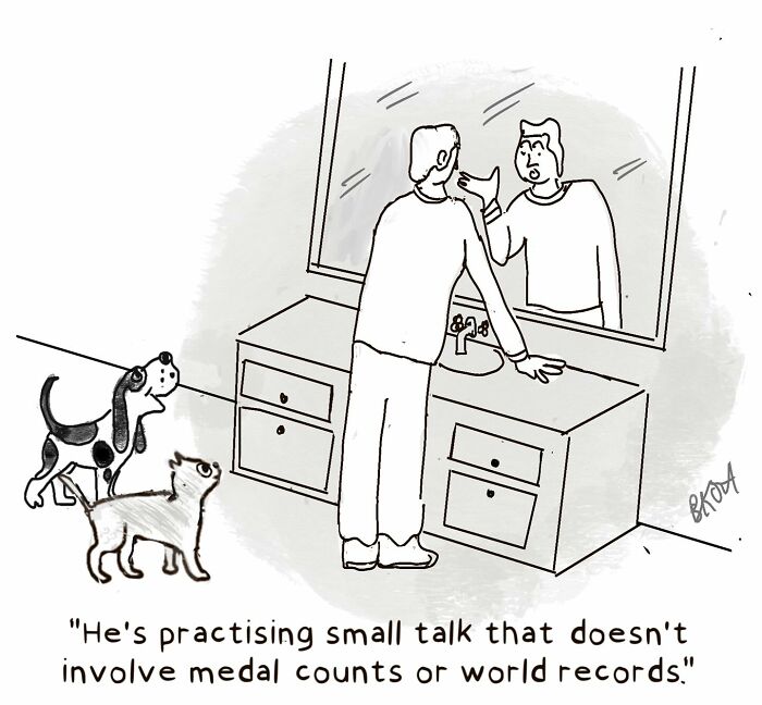 Man practicing small talk in mirror with dogs watching, witty one-panel comic by Beverley Kort.