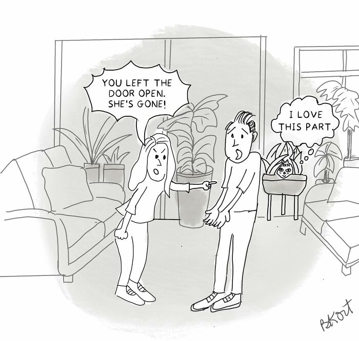 A witty one-panel comic by Beverley Kort shows a woman accusing a man of leaving the door open, while a cat enjoys it.