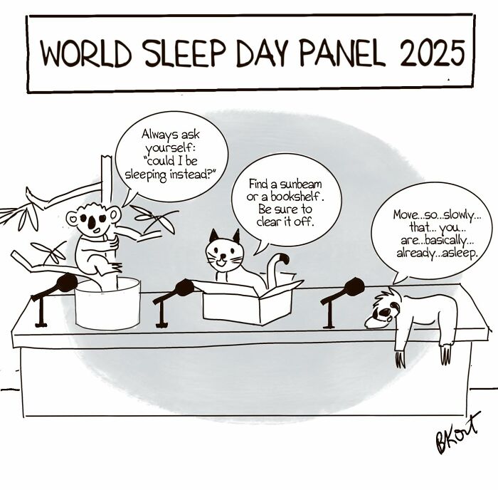 Animals discussing sleep tips in a humorous one-panel comic by Beverley Kort.