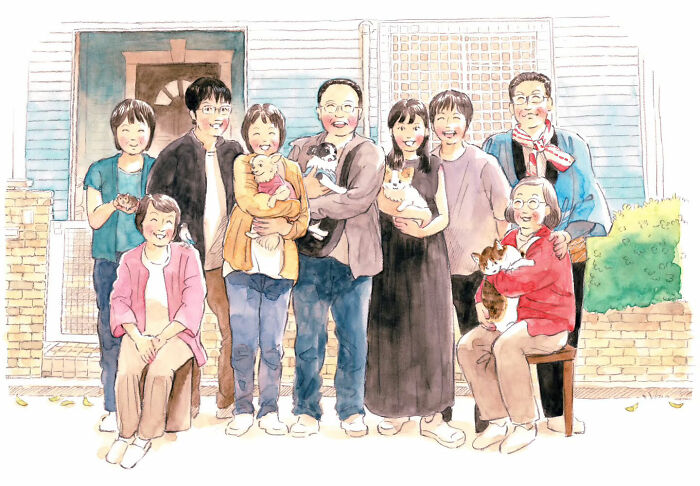 A heartwarming painting by Yuuki Nishimura depicting a group of nine smiling people holding cats in front of a house.