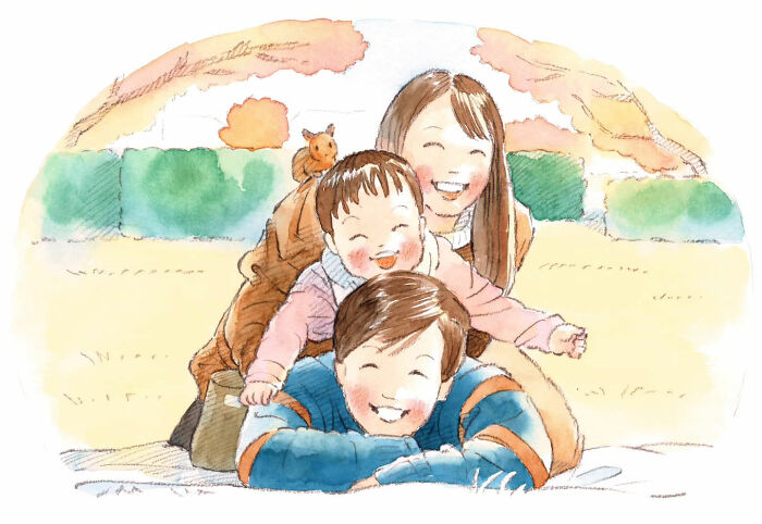 A family laughing and playing outdoors in a heartwarming painting by Yuuki Nishimura.