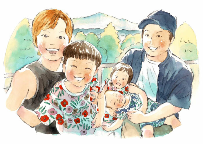A heartwarming painting by Yuuki Nishimura depicting a joyful family of four smiling in a serene outdoor setting.