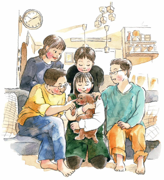 Yuuki Nishimura painting of a family sharing a wholesome moment with a small dog in a cozy living room.