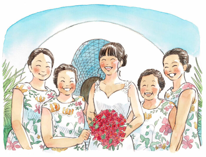 Heartwarming painting by Yuuki Nishimura showing a joyful bride and bridesmaids with floral dresses, sharing a happy moment.