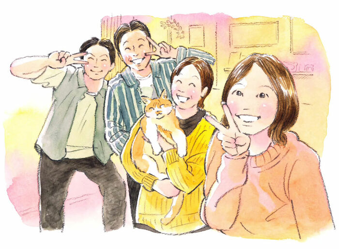 People capturing a joyful moment with a cat, illustrated by Yuuki Nishimura.