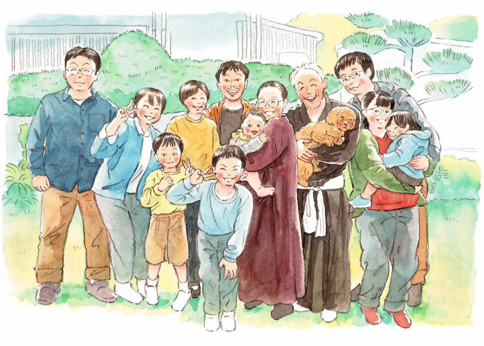 A heartwarming painting by Yuuki Nishimura showing a joyful family gathering in a garden setting.