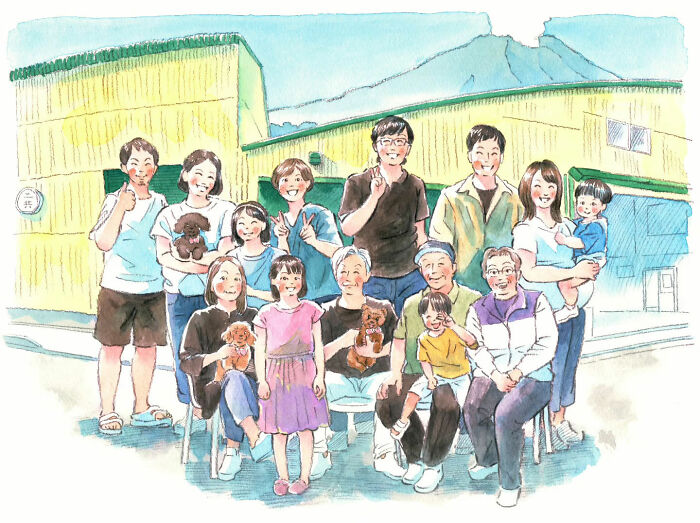 Yuuki Nishimura painting of a cheerful family group in front of a yellow house, capturing a wholesome moment.