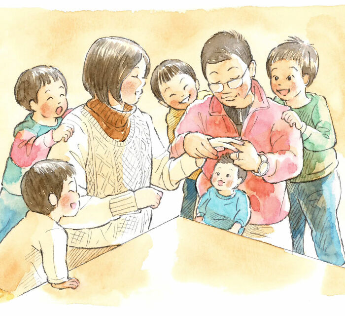 A heartwarming painting by Yuuki Nishimura showing a joyful family gathering around a table.
