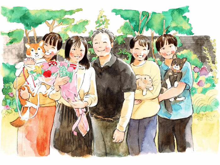 Wholesome painting by Yuuki Nishimura of smiling family holding flowers and pets in a garden setting.