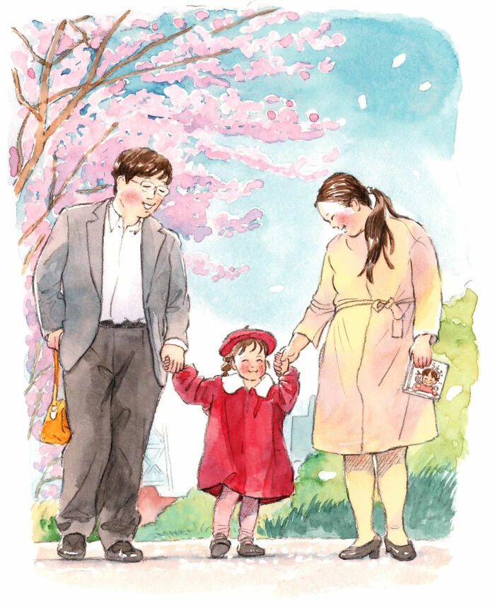Family enjoying a walk under cherry blossoms, painted by Yuuki Nishimura, capturing a wholesome moment.