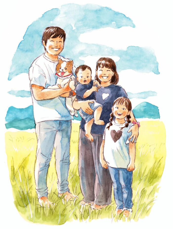 Watercolor painting by Yuuki Nishimura depicting a joyful family and their dog in a sunny field.