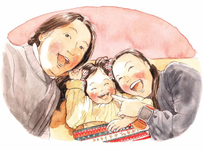 Cheerful family moment captured in a heartwarming painting by Yuuki Nishimura, showcasing joy and togetherness.