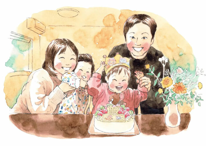 Family celebrating with a birthday cake, painting by Yuuki Nishimura capturing a heartwarming moment.