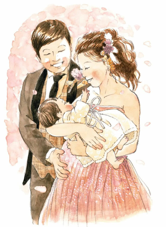 A heartwarming painting by Yuuki Nishimura depicts a joyful family moment with parents holding their baby.