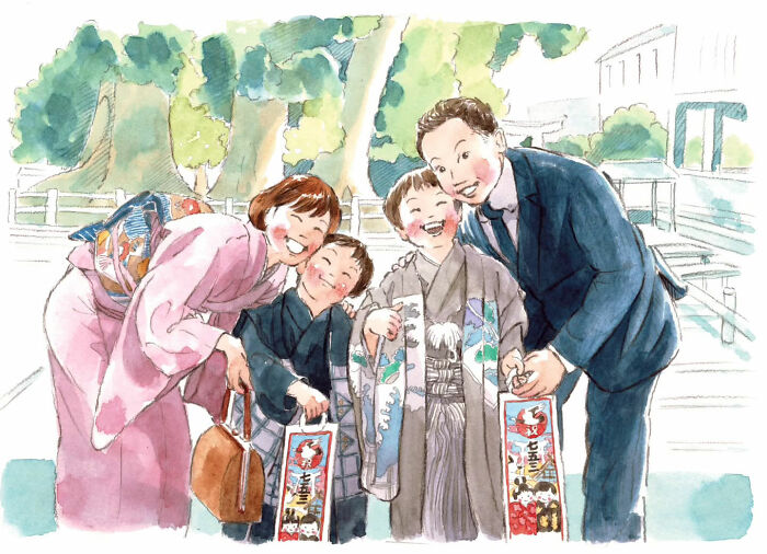 Family joyfully posing in traditional attire; heartwarming painting by Yuuki Nishimura captures a wholesome moment.