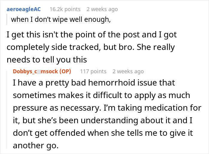 Text discussion about hygiene concerns, focusing on a man's issues with personal cleanliness and understanding from his wife. Text discussion about hygiene concerns, focusing on a man's issues with personal cleanliness and understanding from his wife.