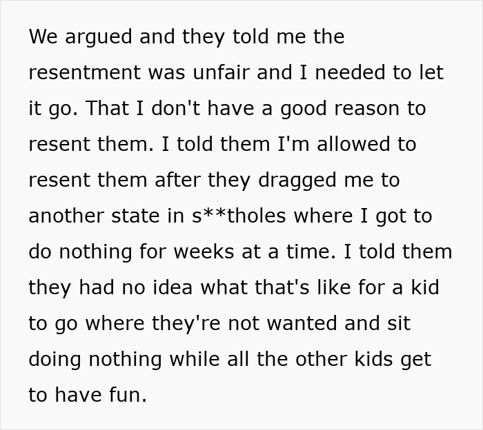 Text about family conflict involving a move to another state and feelings of resentment. Text about family conflict involving a move to another state and feelings of resentment.