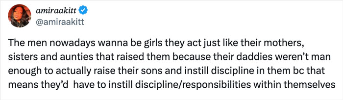 Tweet discussing men's "soft girl era," mentioning influences from women in their lives and discipline challenges.