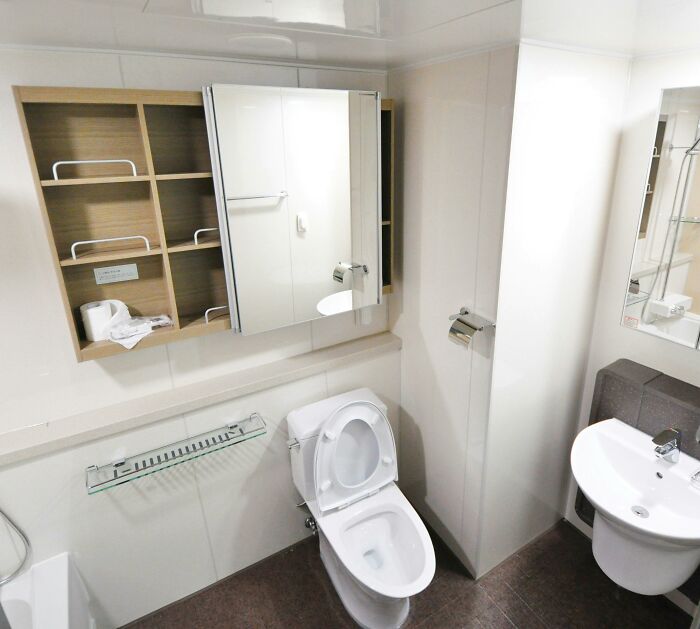 Modern bathroom interior with toilet, sink, and wall-mounted mirror cabinet showcasing traits of minimalistic design.