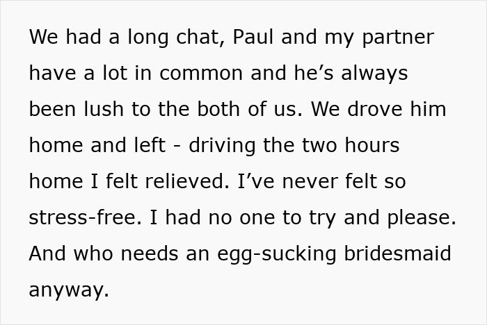 Text about a chat with Paul, feeling relieved after driving home, and thoughts on not needing a bridesmaid.