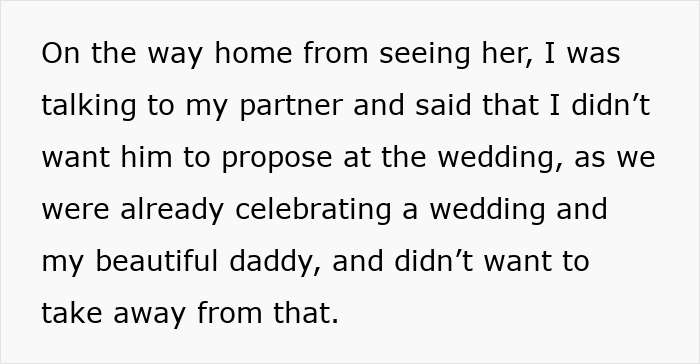 Text discussing a bride's feelings on not wanting a proposal at her wedding celebration.