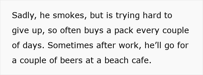 Text about a husband spending money on smoking and drinking after work at a beach cafe.