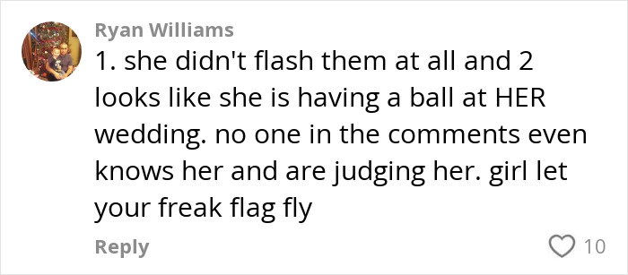 A comment defends a bride during a photoshoot, discussing her wedding and personal freedom.