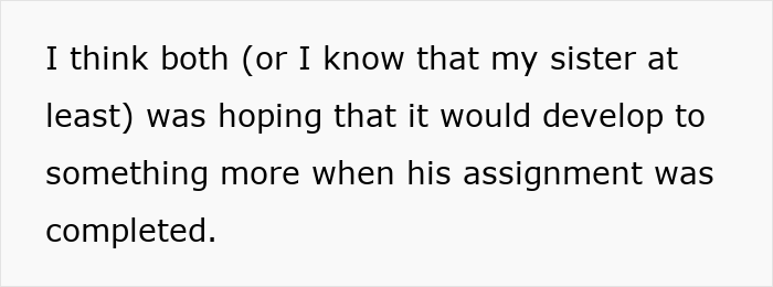 Text about woman lying to her sister's crush regarding her relationship status.