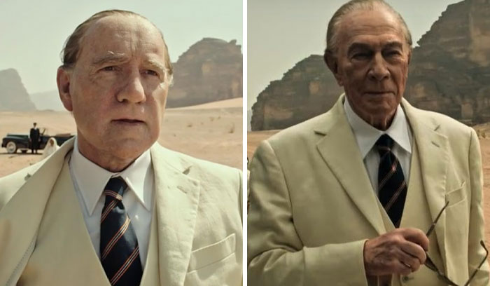 Two actors in a desert scene wearing cream suits, representing actors replaced mid-production.