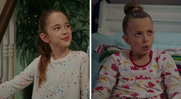 Two young actors in pajamas from a TV show, illustrating a mid-production replacement.
