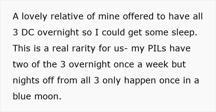 Text about a mom of 3 appreciating a rare chance to sleep as her children stay overnight with a relative.