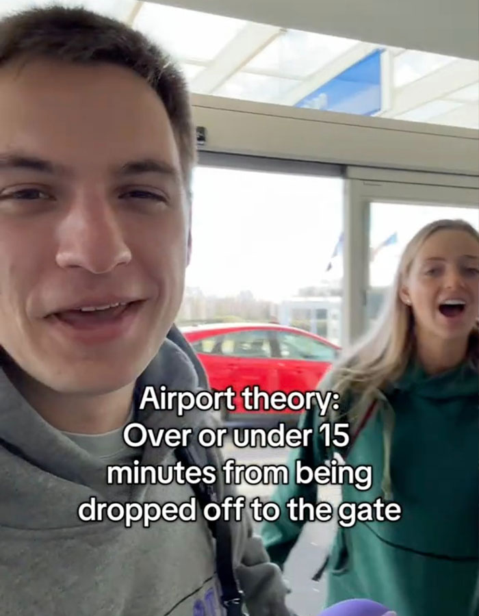 Two people at an airport discussing the viral "Airport Theory" trend displayed in text on-screen. Two people at an airport discussing the viral "Airport Theory" trend displayed in text on-screen.
