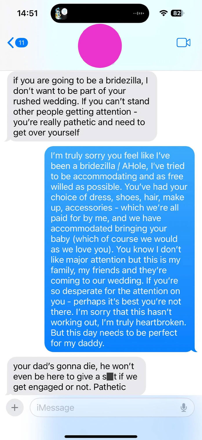 Text message exchange about a friend wanting to get engaged at a wedding, calling bride's reaction "pathetic.
