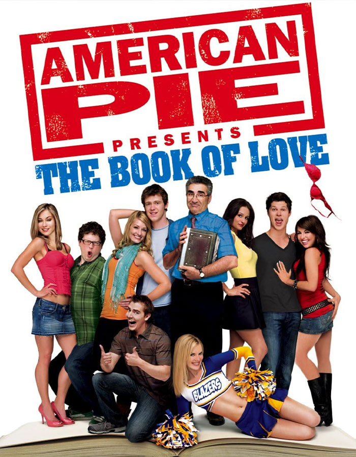 Cast of American Pie: The Book of Love posing, with a prominent "American Pie" logo in the background.