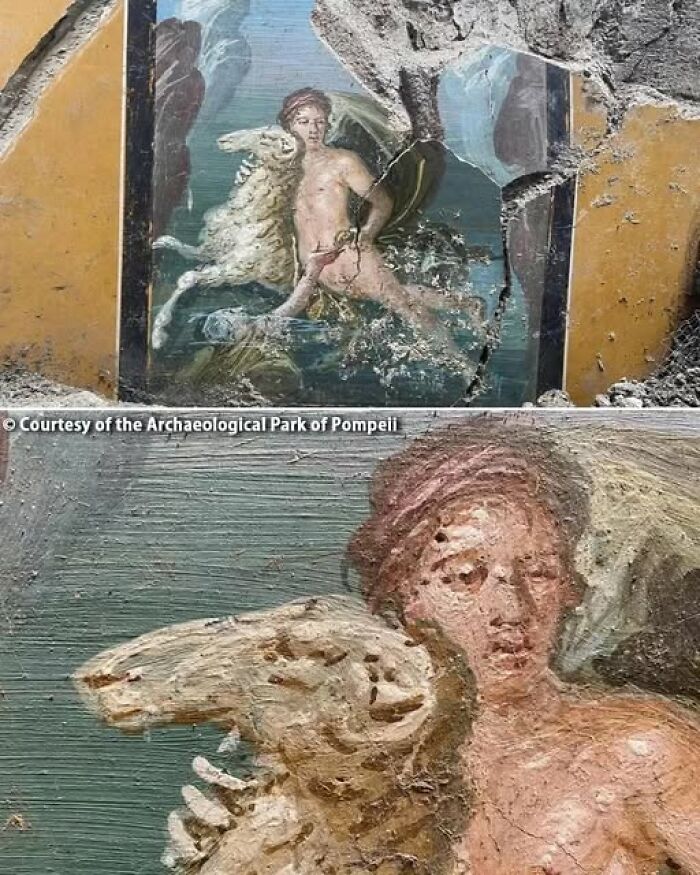 Ancient fresco from Pompeii depicting a mythological scene with a figure and a creature, showing historical artistry.