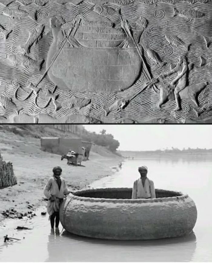 Ancient coracle boat depicted in an ancient carving and a historical river scene with two men.
