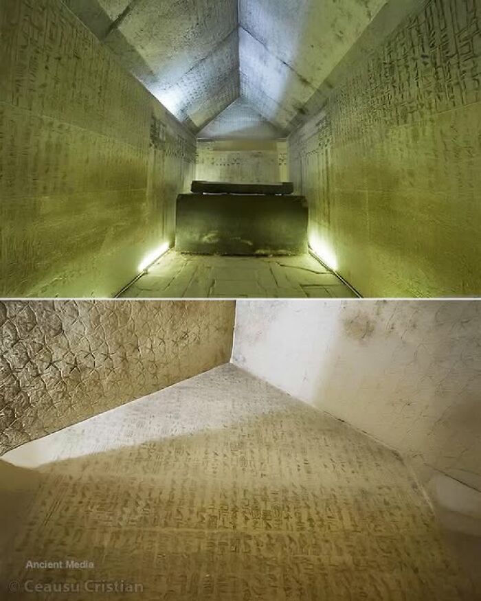 Ancient history inscriptions in a pyramid chamber with stone sarcophagus and hieroglyphs on the walls.