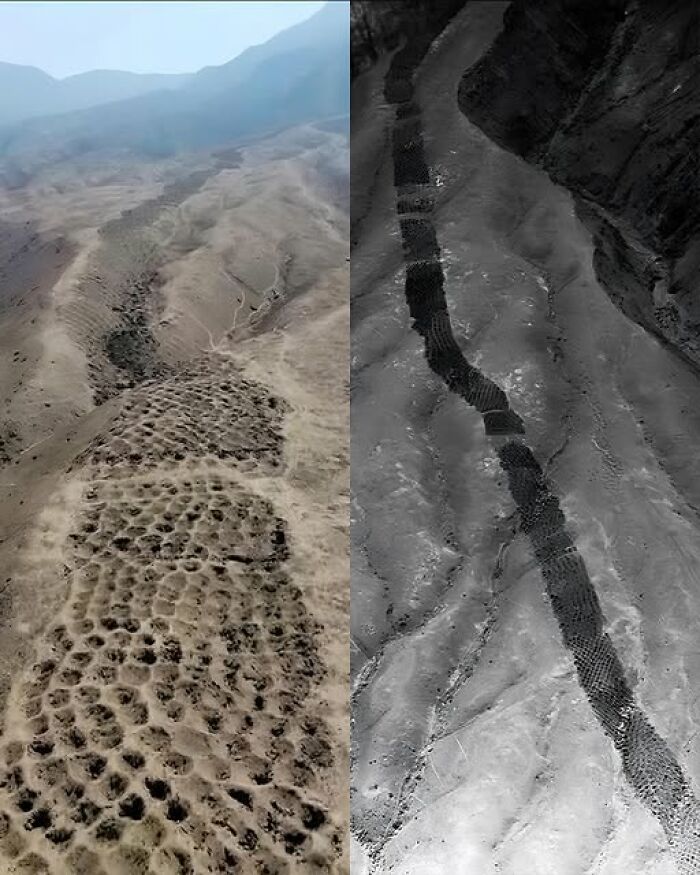 Aerial view of ancient geoglyphs in a desert landscape, showcasing intricate patterns and historical significance.