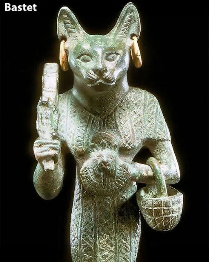 Ancient Bastet statue with feline features, holding a sistrum, representing ancient civilizations' secrets.