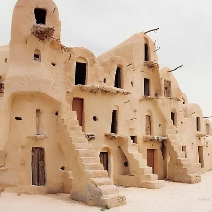 Ancient history architecture with stone structures and staircases, evoking a historical setting.