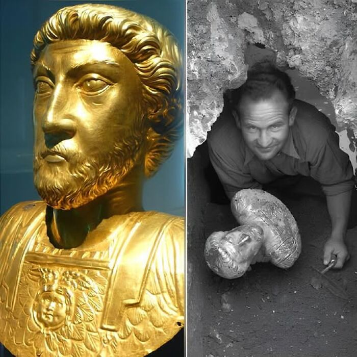 Ancient history discovery: a man unearths a golden bust from Roman times, showcasing intricate craftsmanship.