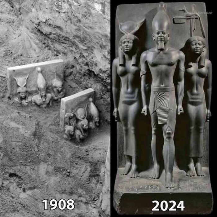 Ancient civilizations artifacts unearthed in 1908 excavation compared to their restored state in 2024.