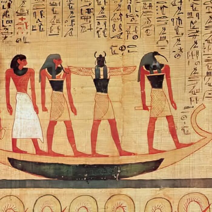 Ancient Egyptian boat scene on papyrus, featuring deities and hieroglyphs, highlighting ancient history.